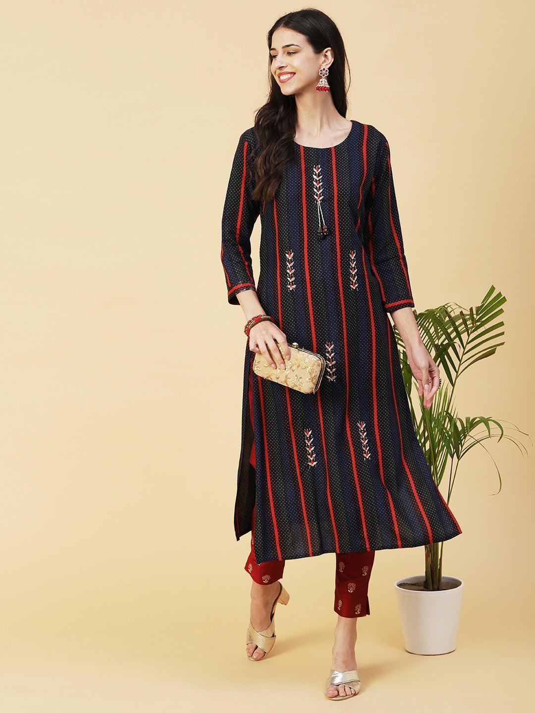 Polka Dots & Stripes Printed & Hand Embroidered Straight Kurta - Blue - Indiakreations