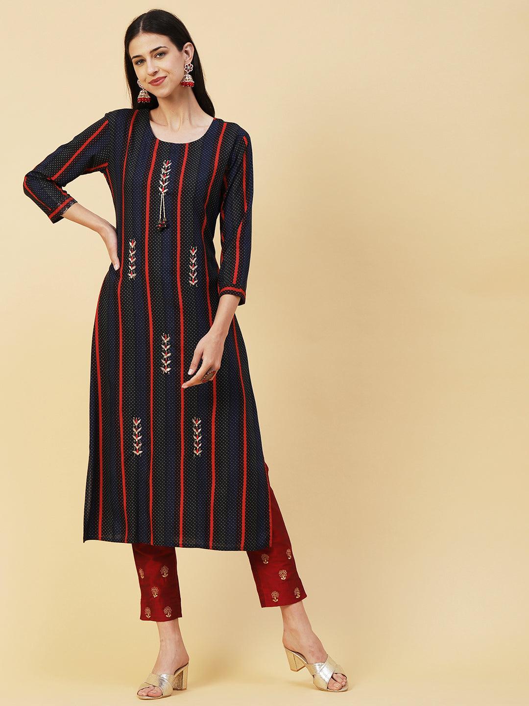 Polka Dots & Stripes Printed & Hand Embroidered Straight Kurta - Blue - Indiakreations