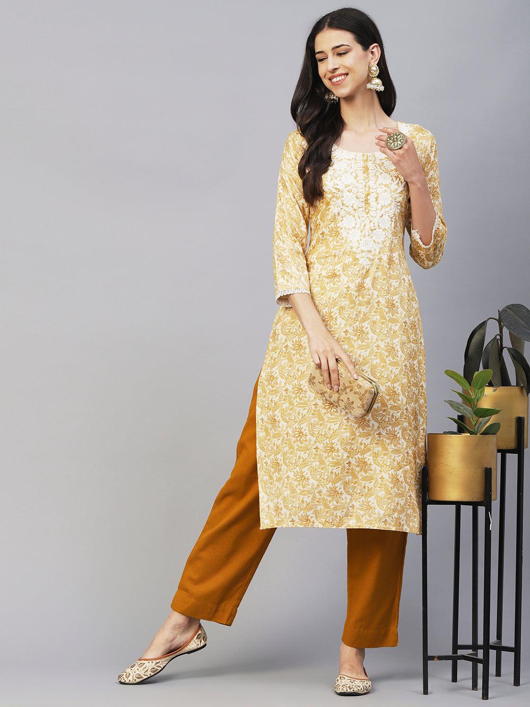 Floral & Khari Printed Resham Embroidered Kurta - Mustard - Indiakreations