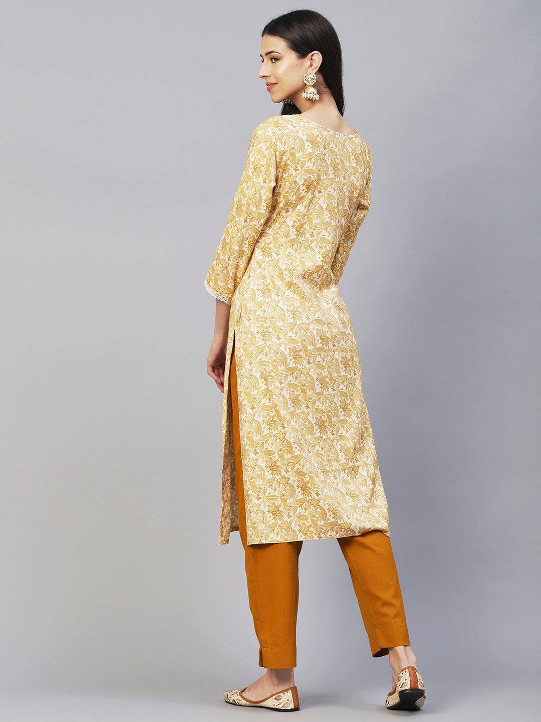 Floral & Khari Printed Resham Embroidered Kurta - Mustard - Indiakreations