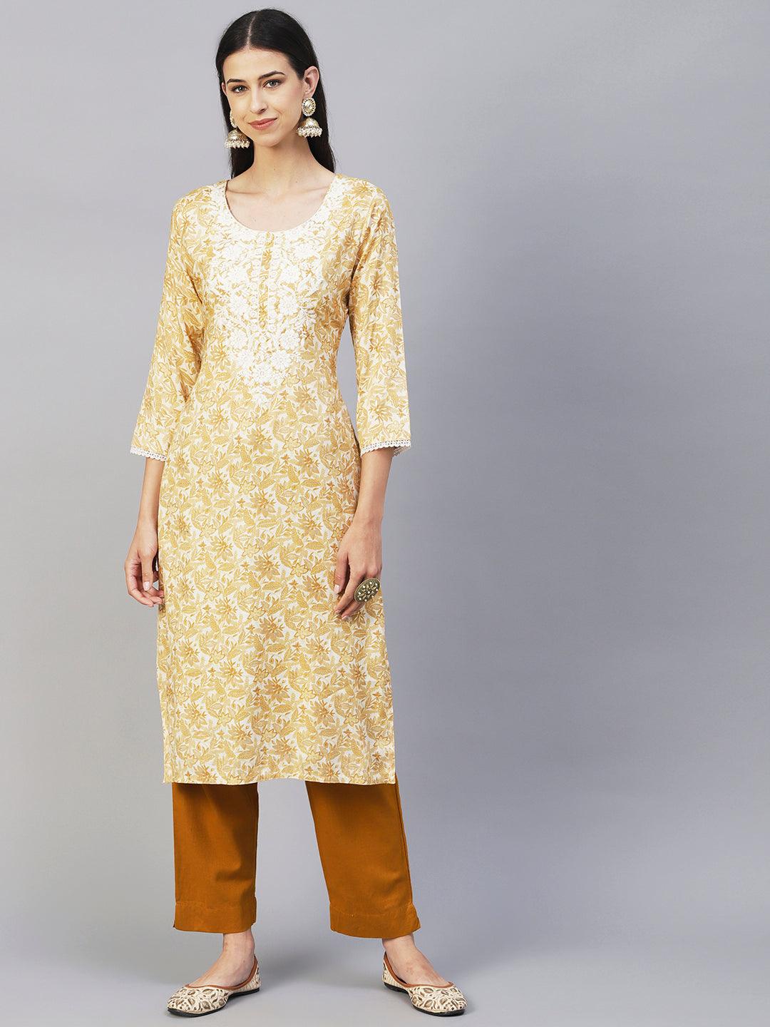 Floral & Khari Printed Resham Embroidered Kurta - Mustard - Indiakreations