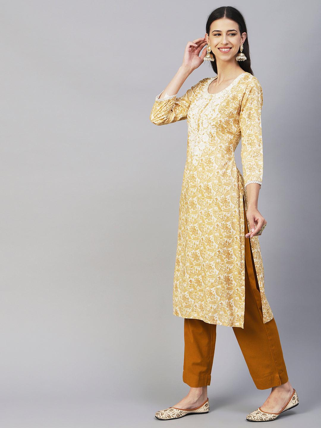 Floral & Khari Printed Resham Embroidered Kurta - Mustard - Indiakreations