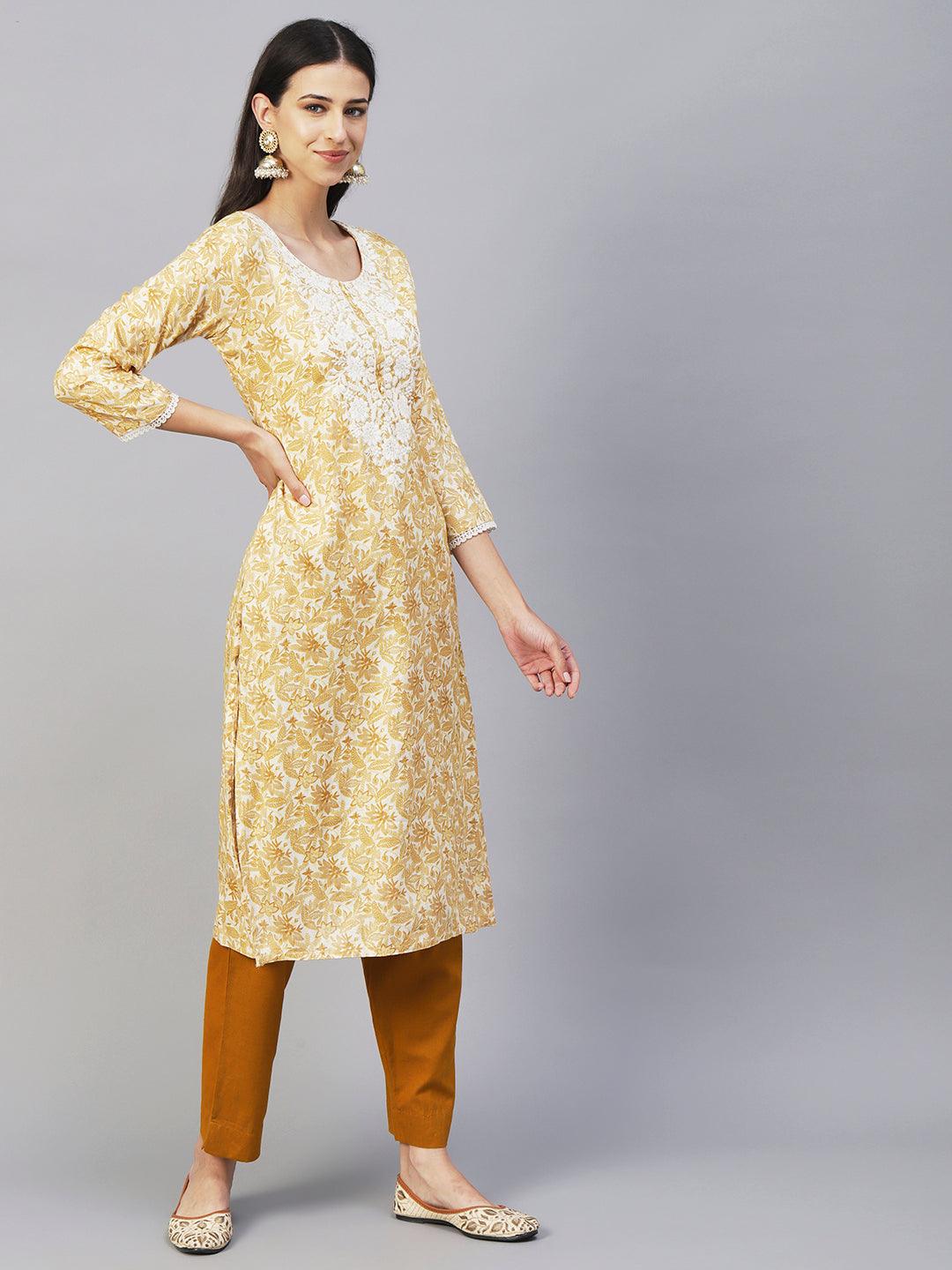 Floral & Khari Printed Resham Embroidered Kurta - Mustard - Indiakreations