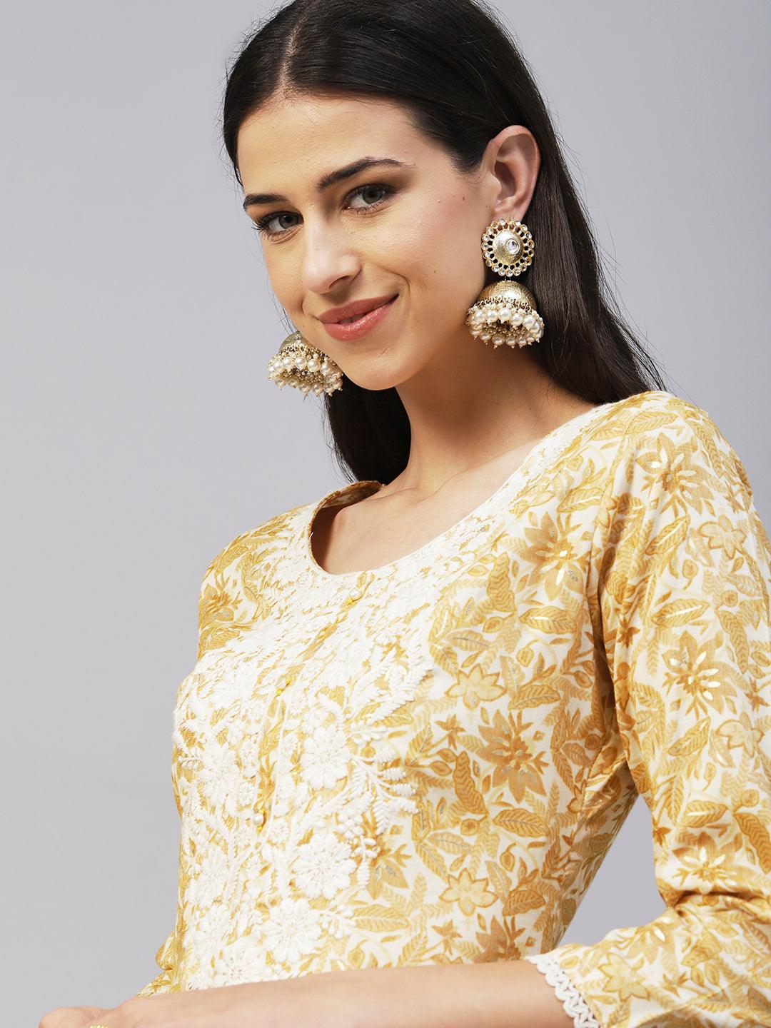 Floral & Khari Printed Resham Embroidered Kurta - Mustard - Indiakreations