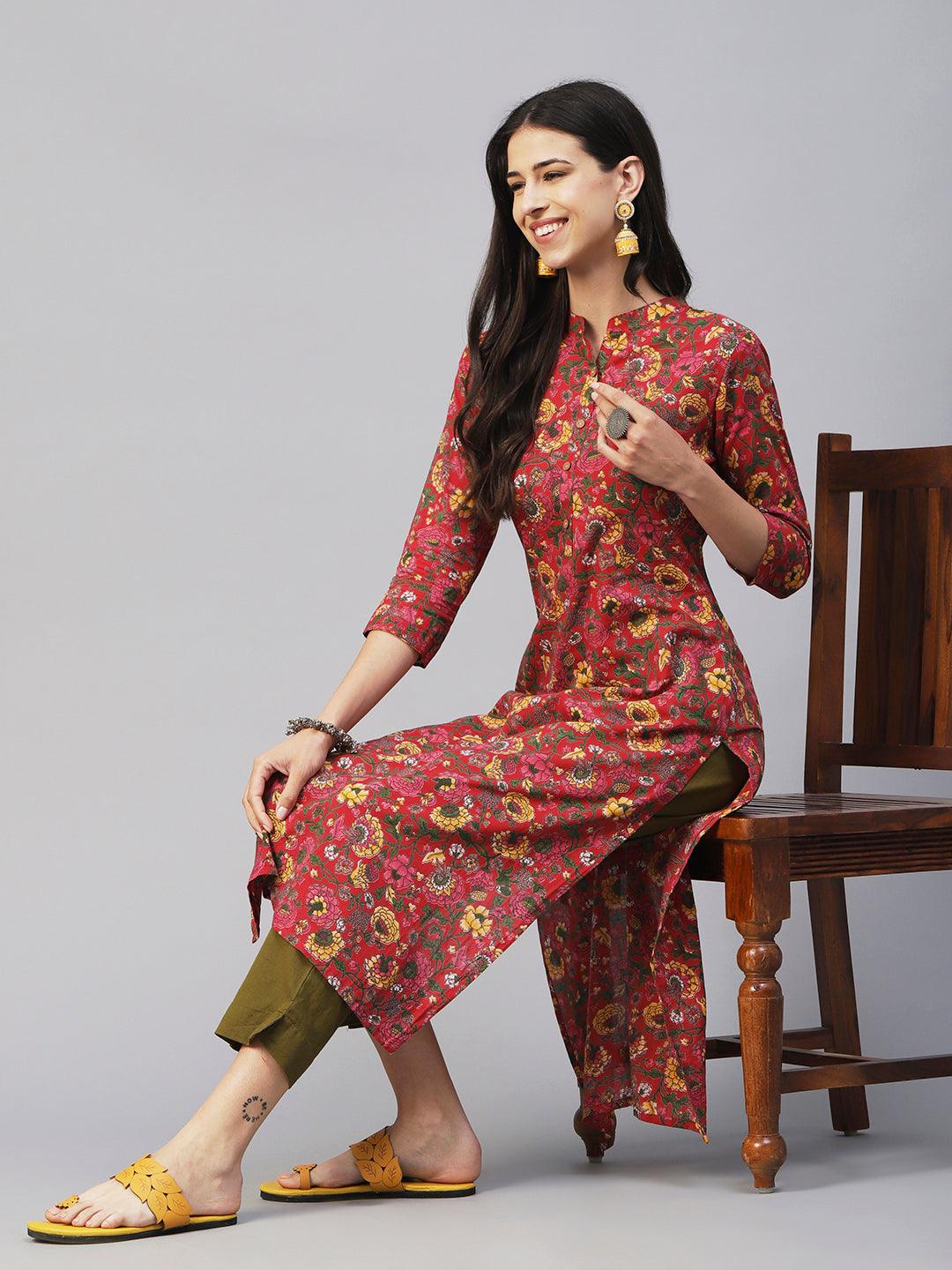 Floral Printed Straight Fit Cotton Kurta - Red - Indiakreations