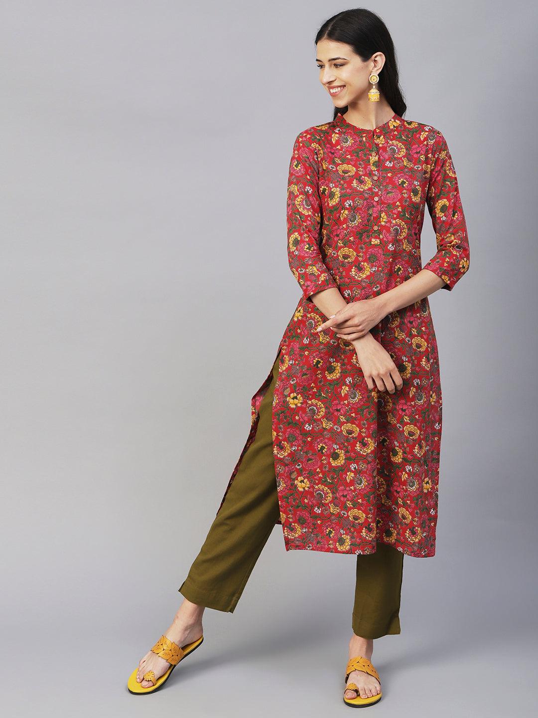 Floral Printed Straight Fit Cotton Kurta - Red - Indiakreations