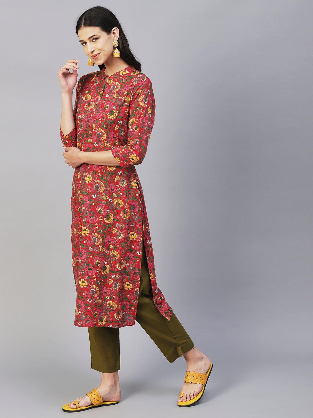 Floral Printed Straight Fit Cotton Kurta - Red - Indiakreations