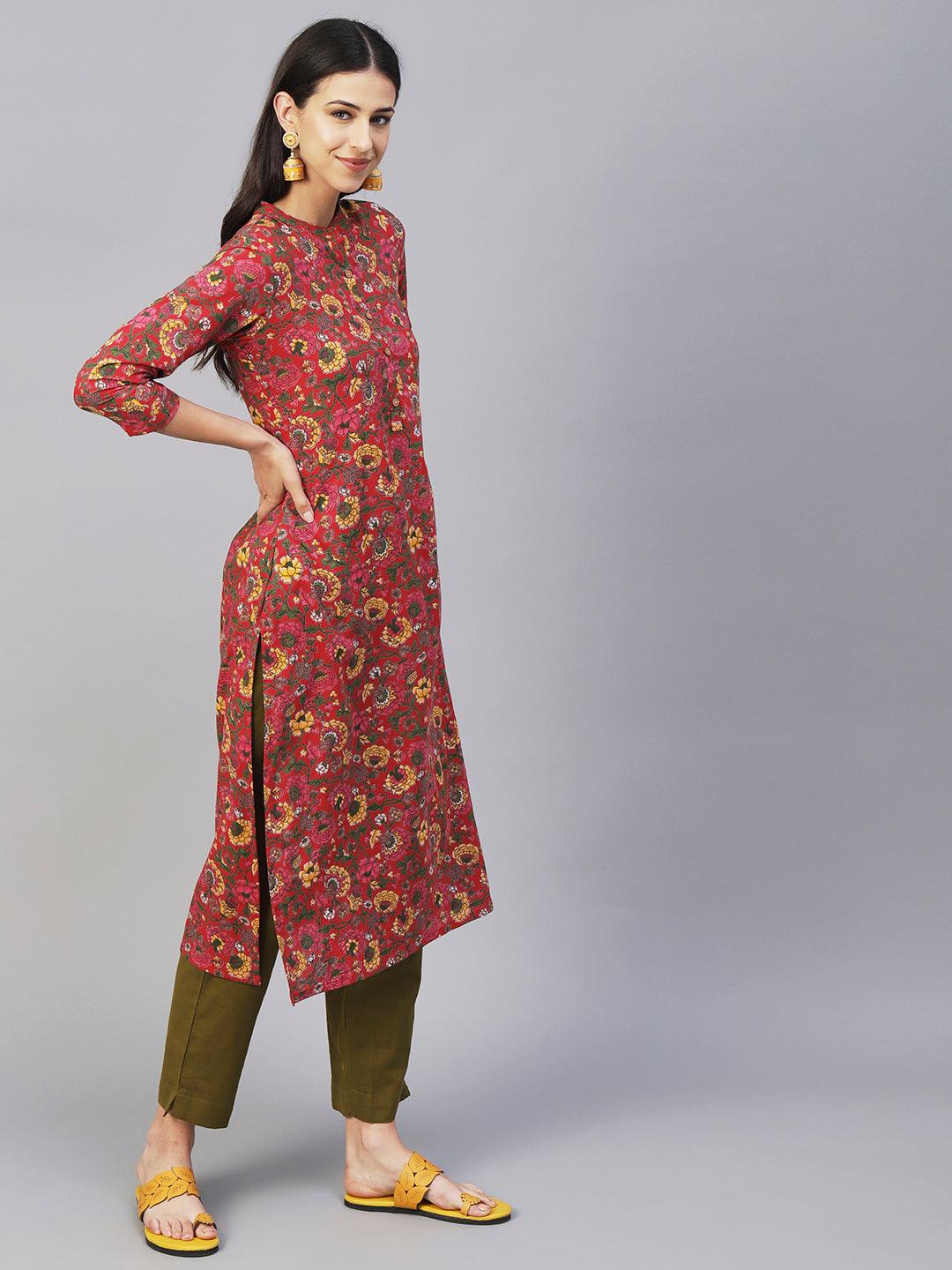 Floral Printed Straight Fit Cotton Kurta - Red - Indiakreations