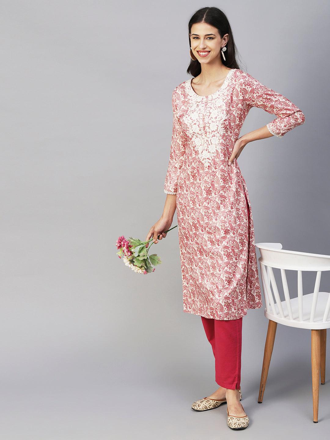 Floral Printed & Chikankari Embroidered Straight Fit Kurta - Pink - Indiakreations