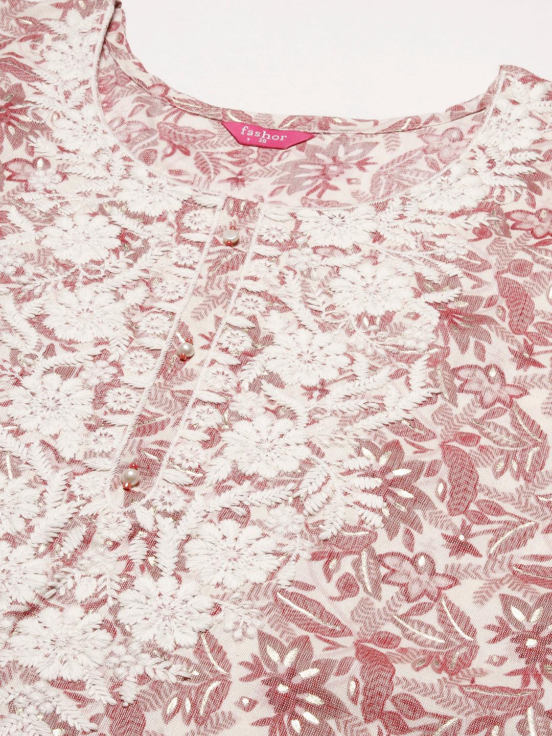 Floral Printed & Chikankari Embroidered Straight Fit Kurta - Pink - Indiakreations