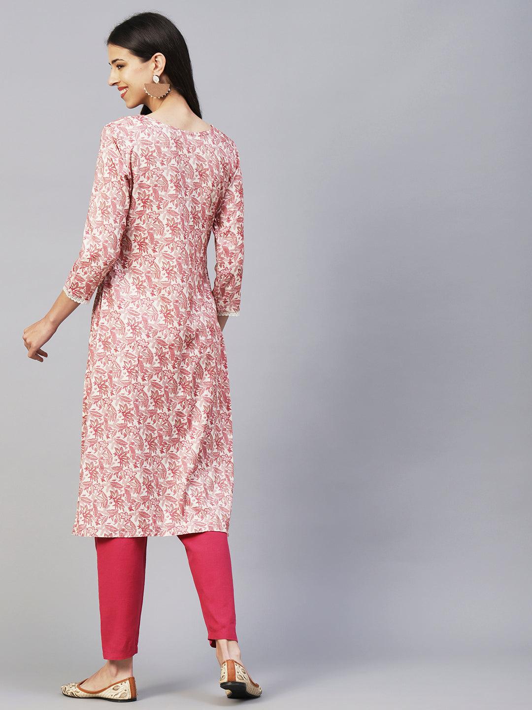 Floral Printed & Chikankari Embroidered Straight Fit Kurta - Pink - Indiakreations