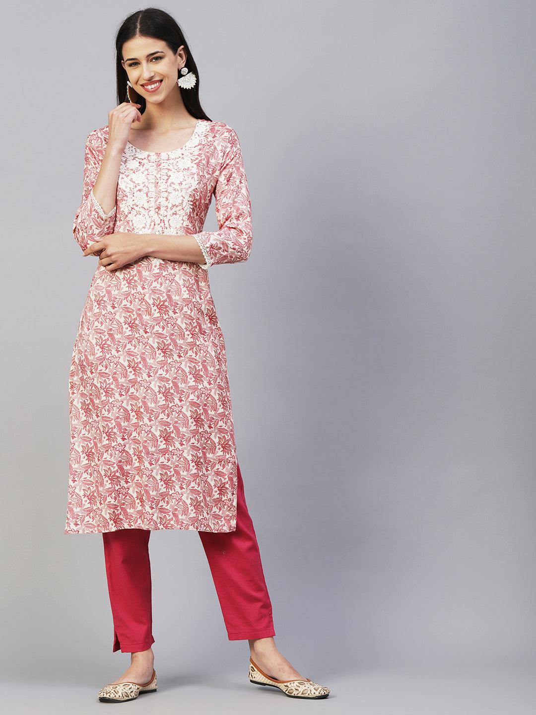 Floral Printed & Chikankari Embroidered Straight Fit Kurta - Pink - Indiakreations