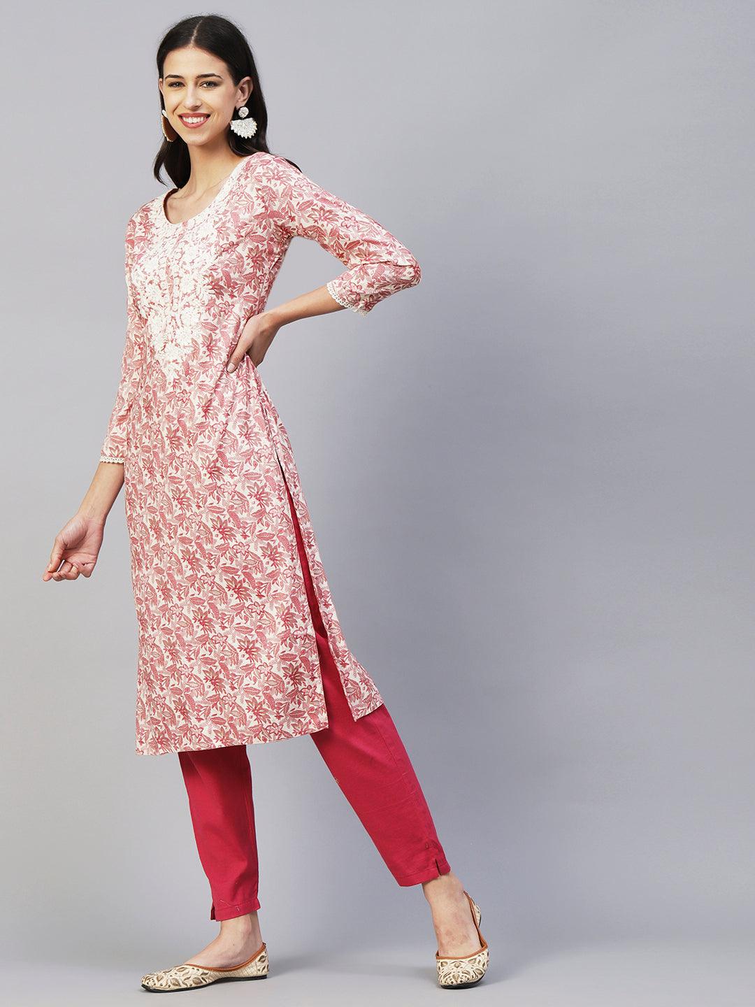 Floral Printed & Chikankari Embroidered Straight Fit Kurta - Pink - Indiakreations