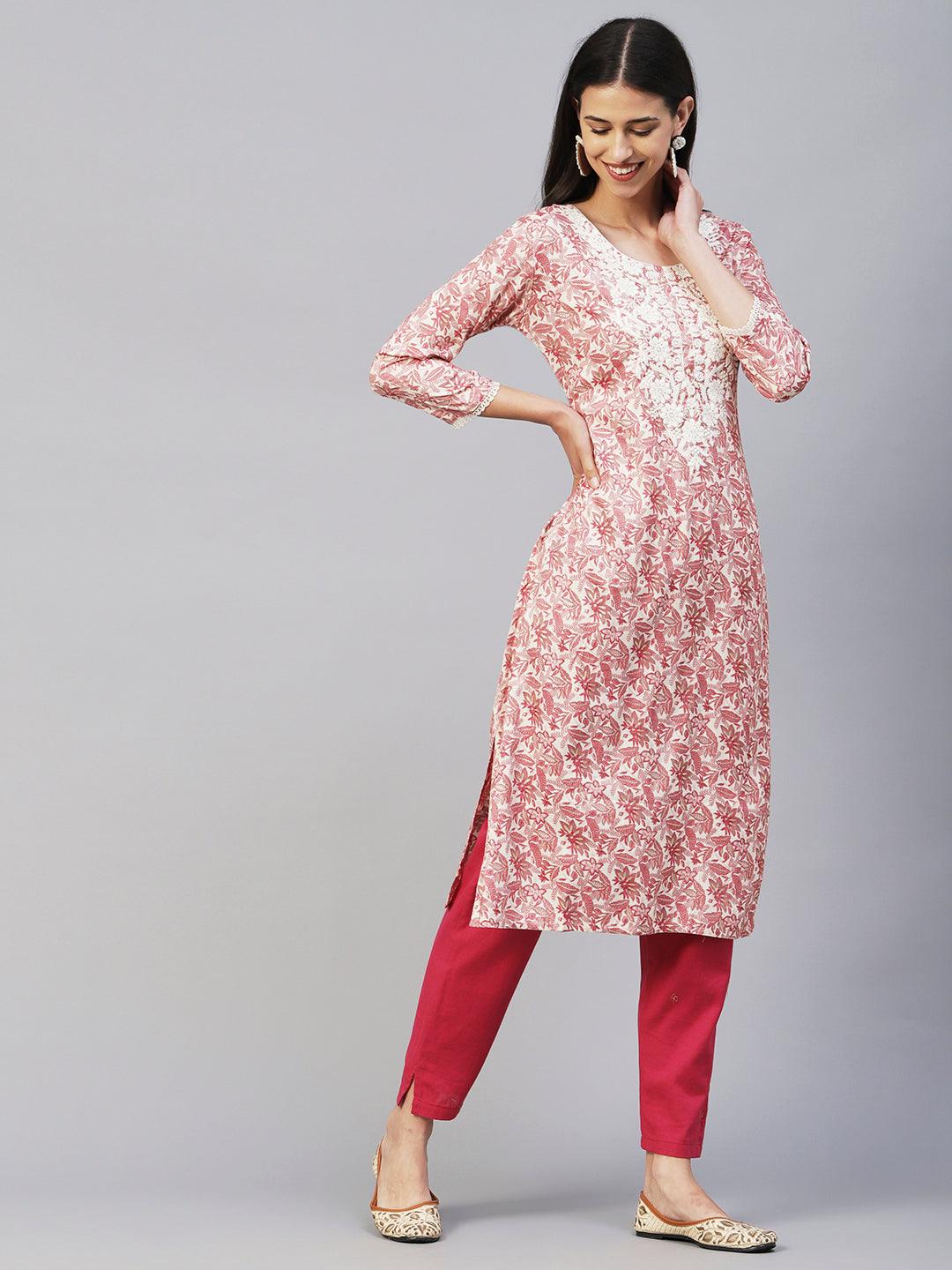 Floral Printed & Chikankari Embroidered Straight Fit Kurta - Pink - Indiakreations