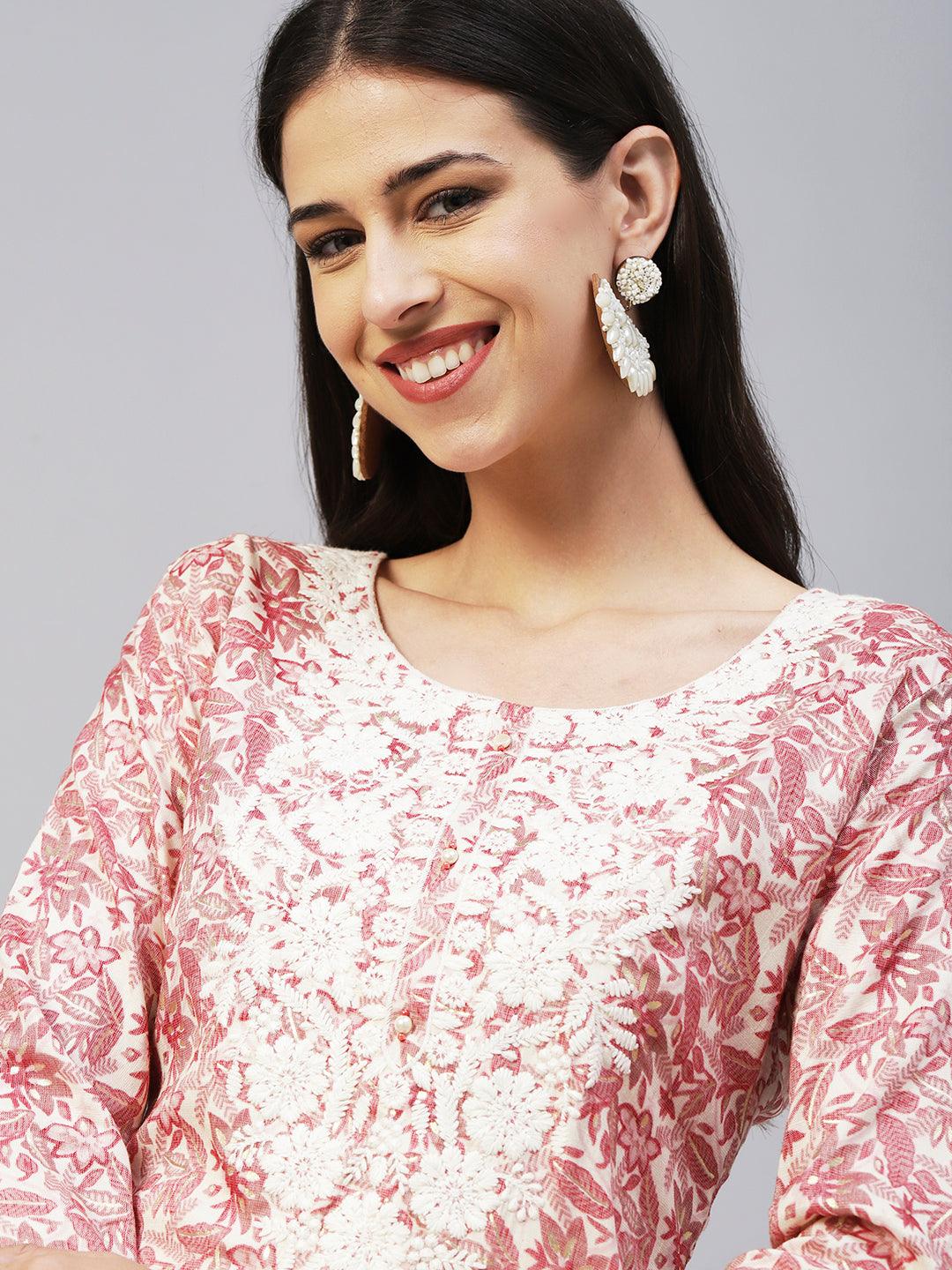 Floral Printed & Chikankari Embroidered Straight Fit Kurta - Pink - Indiakreations