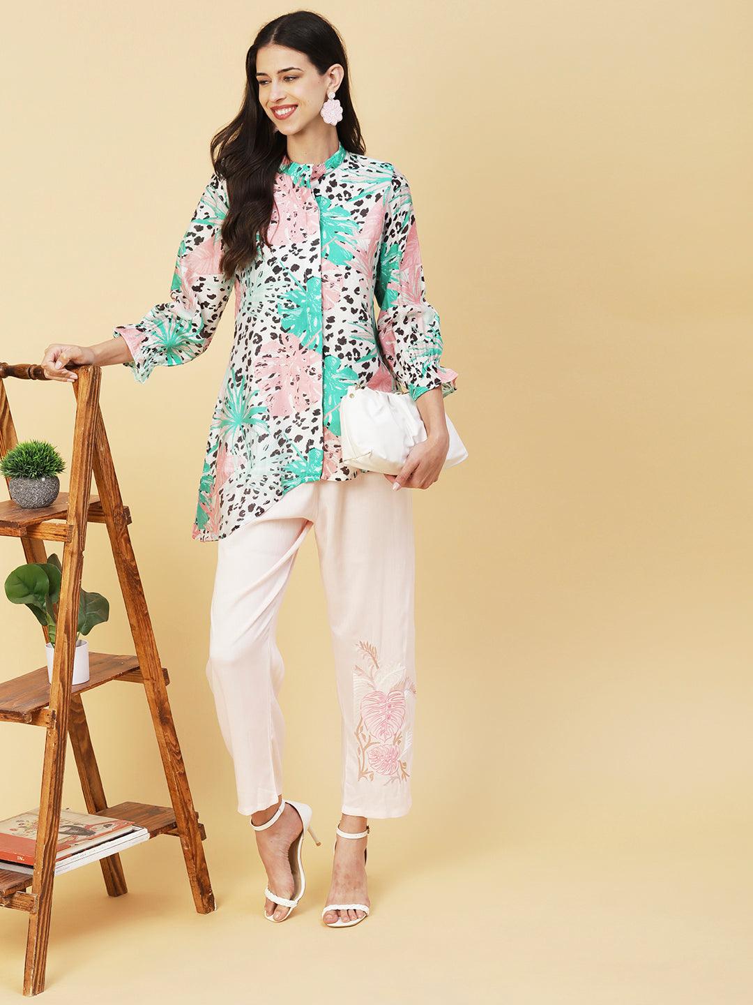 Floral & Abstract Printed Asymmetric Hem Shirt With Embroidered Pants - White & Pink - Indiakreations