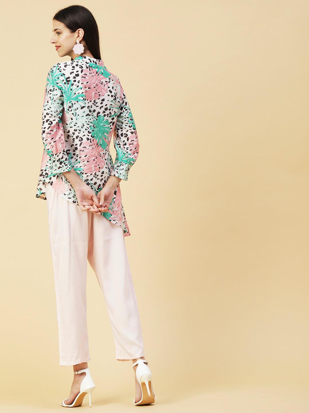 Floral & Abstract Printed Asymmetric Hem Shirt With Embroidered Pants - White & Pink - Indiakreations