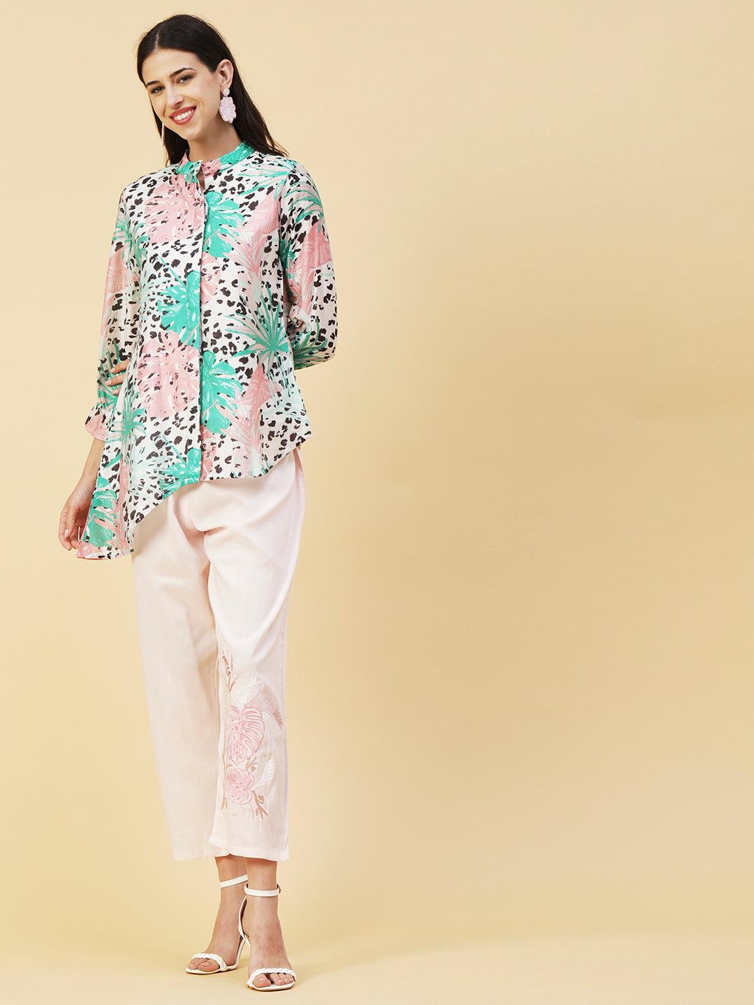 Floral & Abstract Printed Asymmetric Hem Shirt With Embroidered Pants - White & Pink - Indiakreations