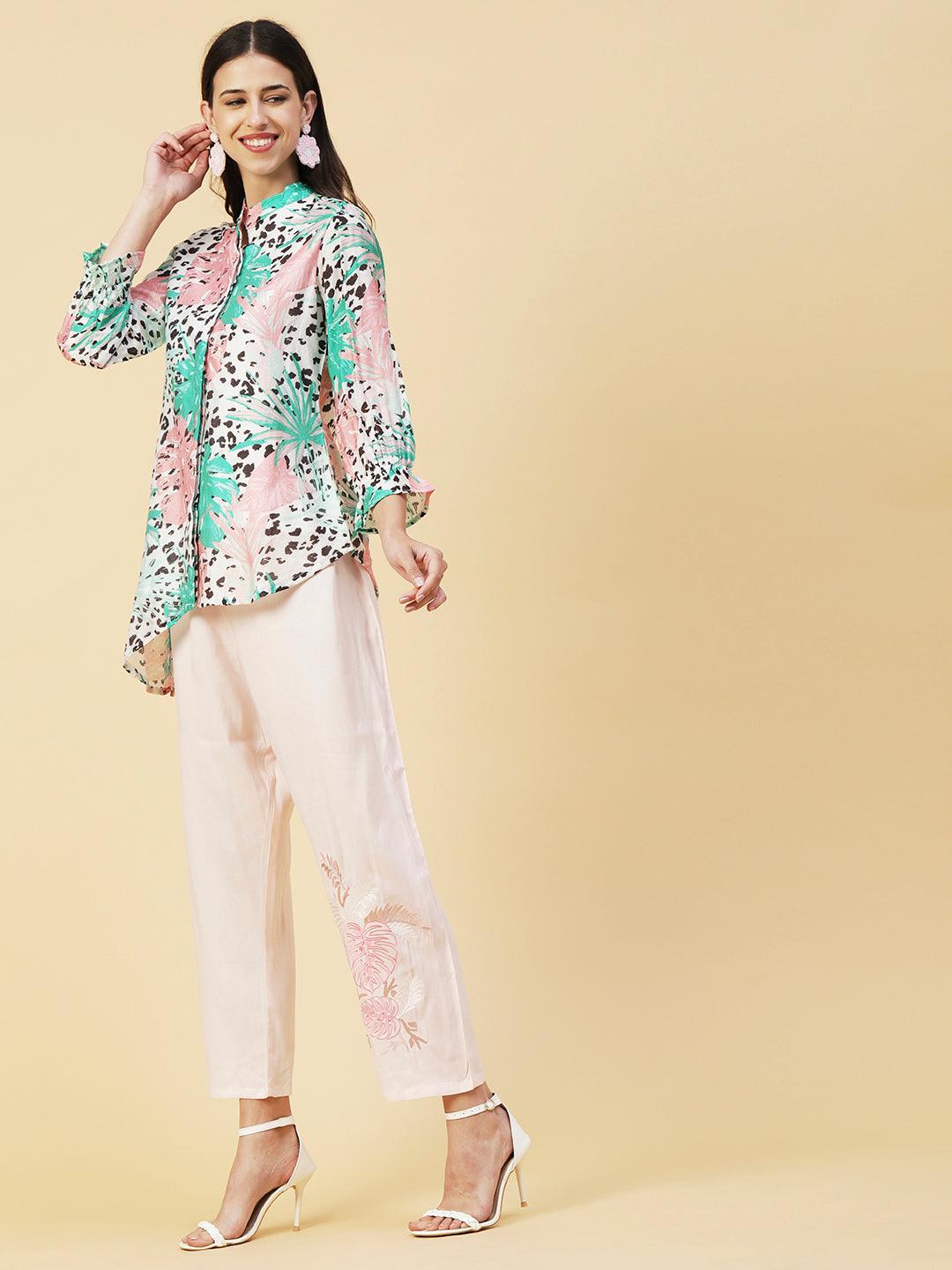 Floral & Abstract Printed Asymmetric Hem Shirt With Embroidered Pants - White & Pink - Indiakreations