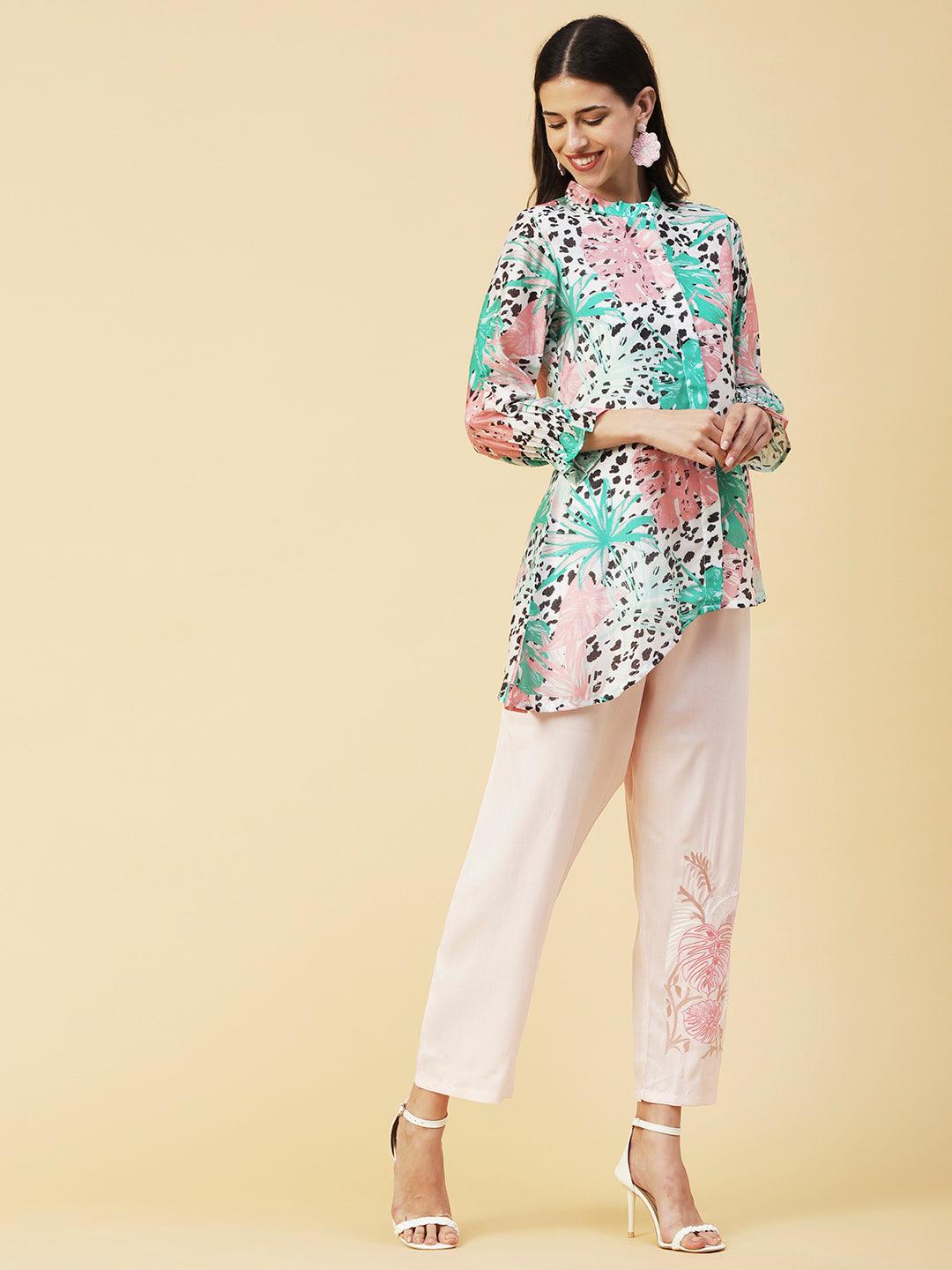 Floral & Abstract Printed Asymmetric Hem Shirt With Embroidered Pants - White & Pink - Indiakreations