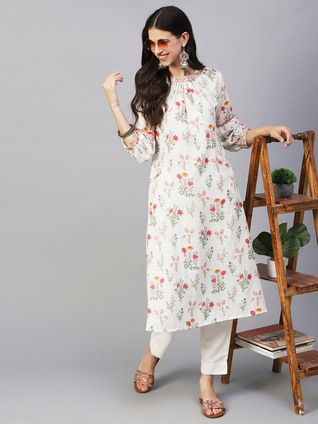 Floral Printed Resham & Zari Embroidered A-line Kurta With Pants - White & Multi - Indiakreations