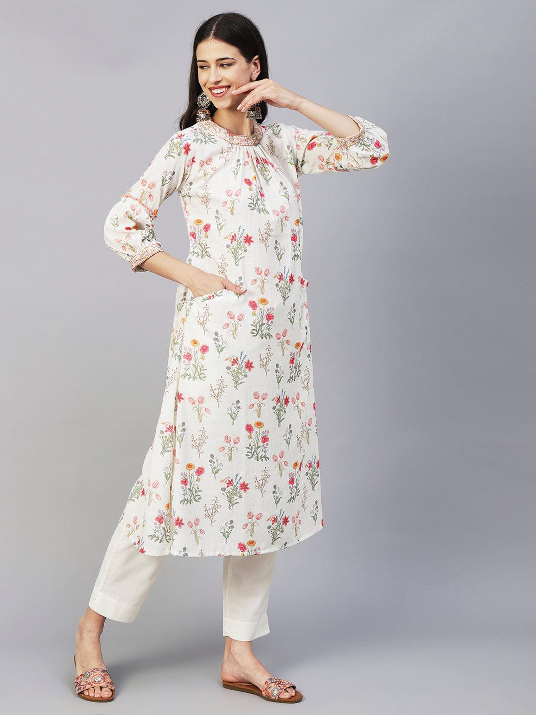 Floral Printed Resham & Zari Embroidered A-line Kurta With Pants - White & Multi - Indiakreations