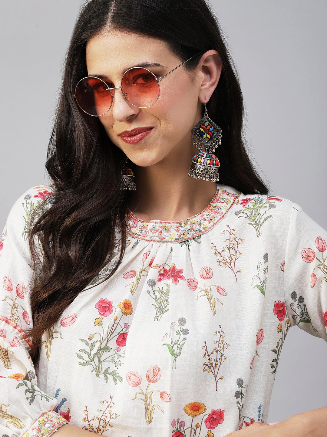 Floral Printed Resham & Zari Embroidered A-line Kurta With Pants - White & Multi - Indiakreations