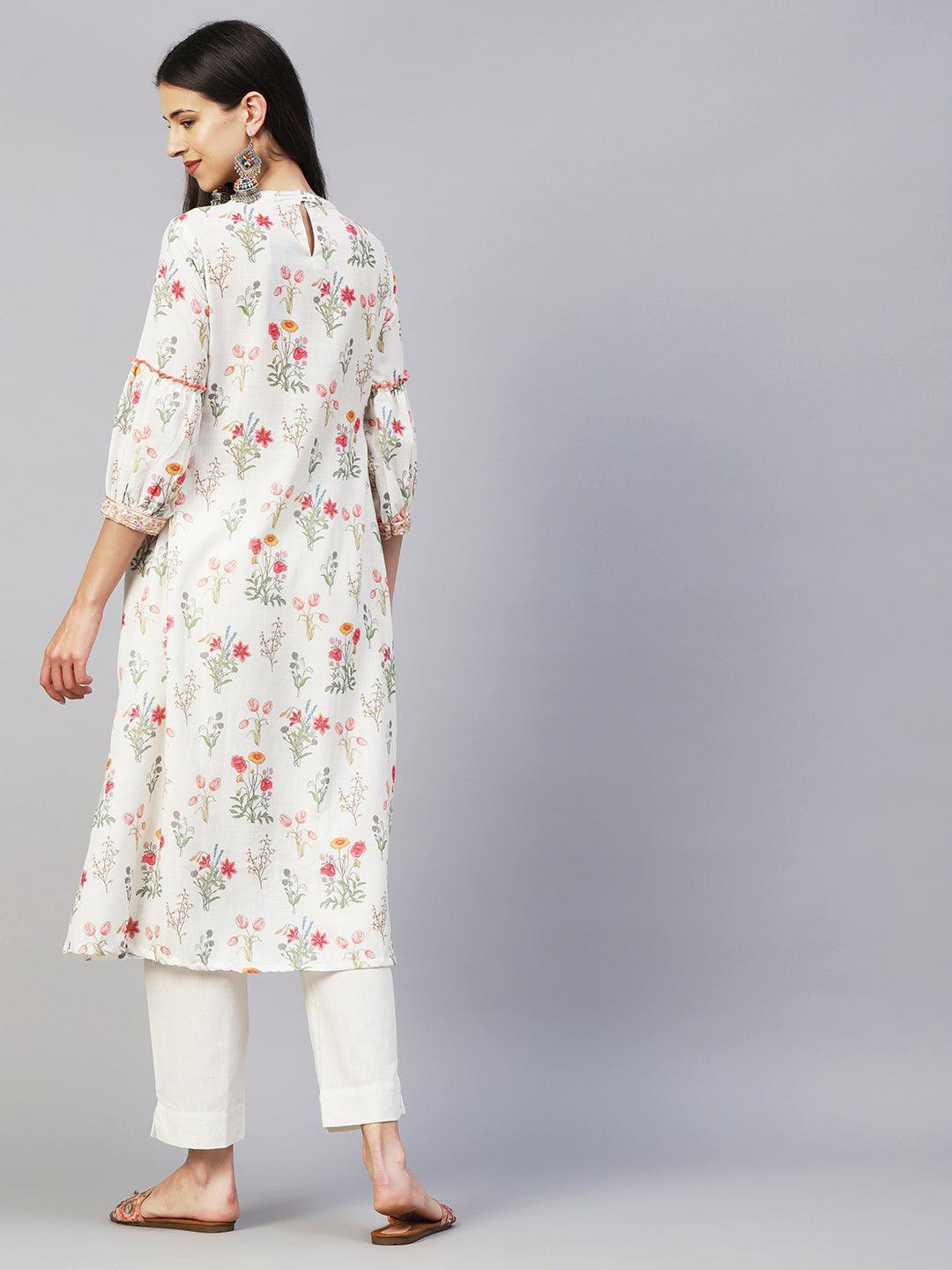 Floral Printed Resham & Zari Embroidered A-line Kurta With Pants - White & Multi - Indiakreations