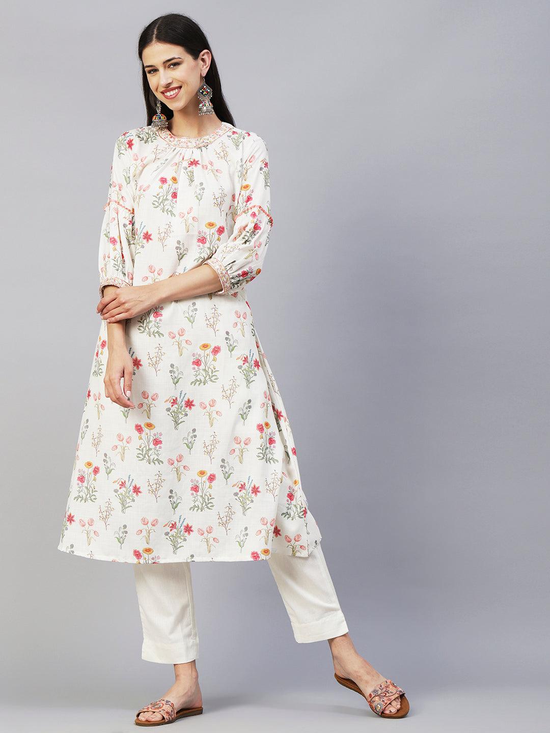 Floral Printed Resham & Zari Embroidered A-line Kurta With Pants - White & Multi - Indiakreations