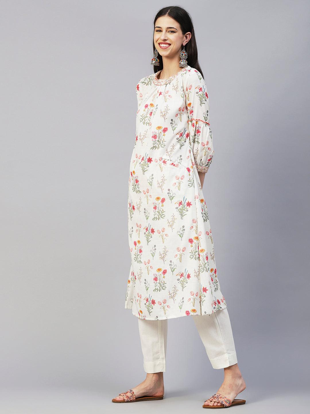 Floral Printed Resham & Zari Embroidered A-line Kurta With Pants - White & Multi - Indiakreations