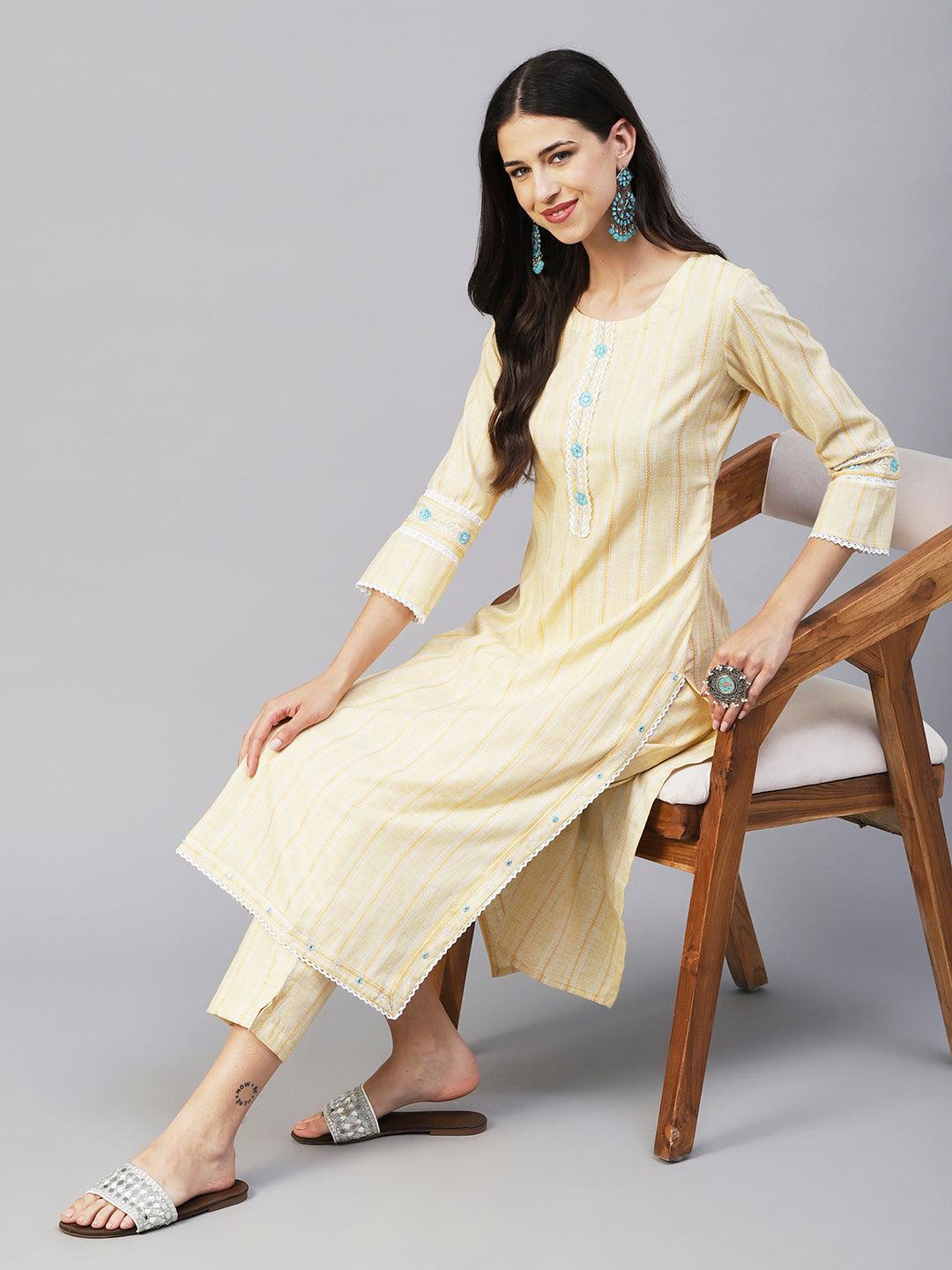 Solid Stripes Woven & Floral Embroidered Straight Fit Co-ord Set - Yellow - Indiakreations