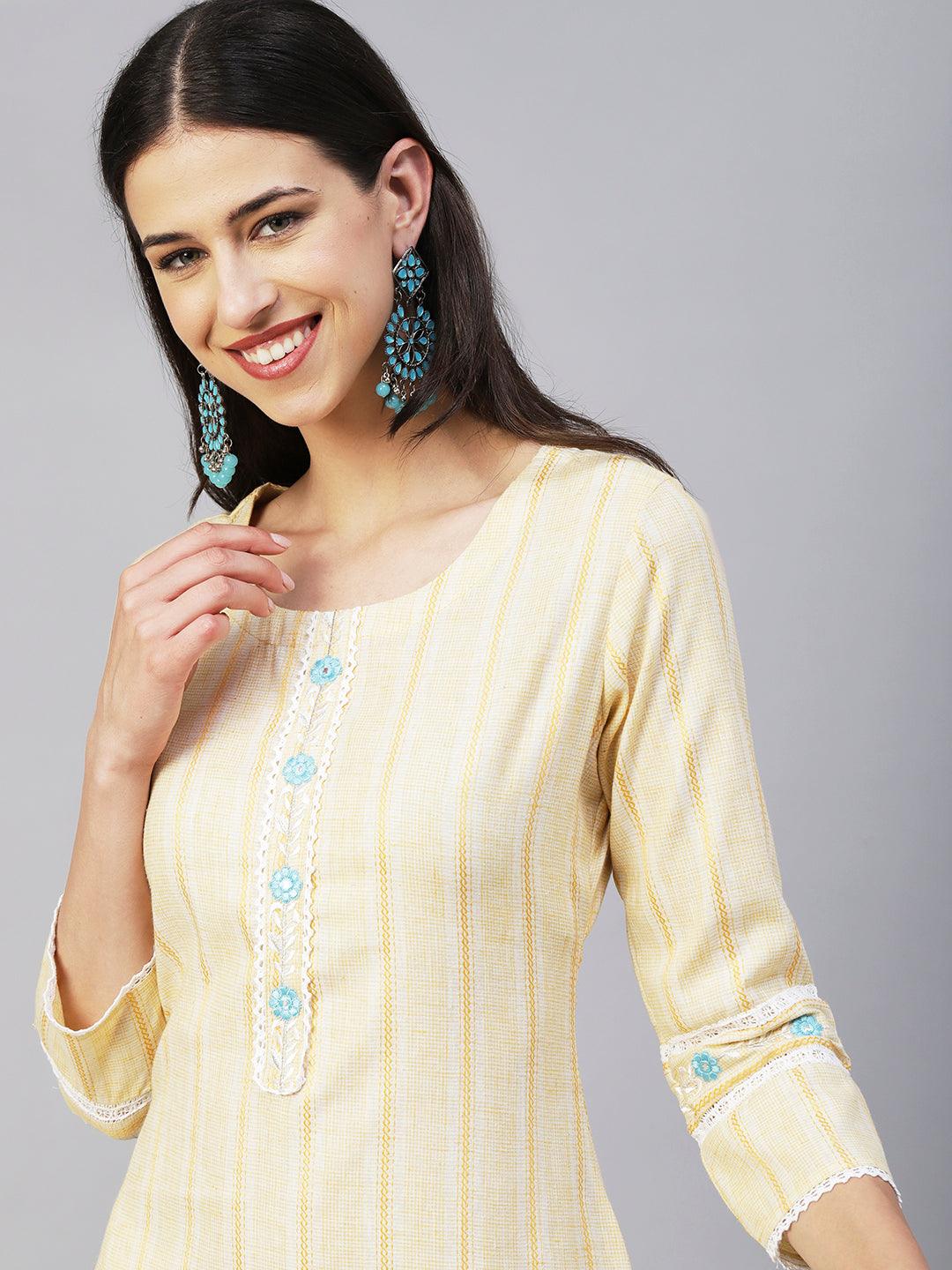 Solid Stripes Woven & Floral Embroidered Straight Fit Co-ord Set - Yellow - Indiakreations