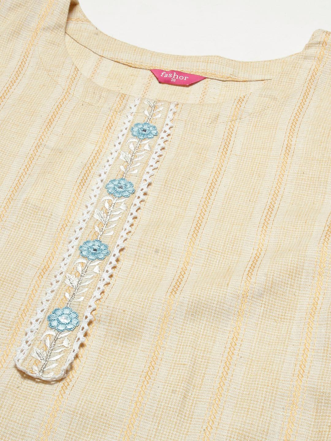 Solid Stripes Woven & Floral Embroidered Straight Fit Co-ord Set - Yellow - Indiakreations