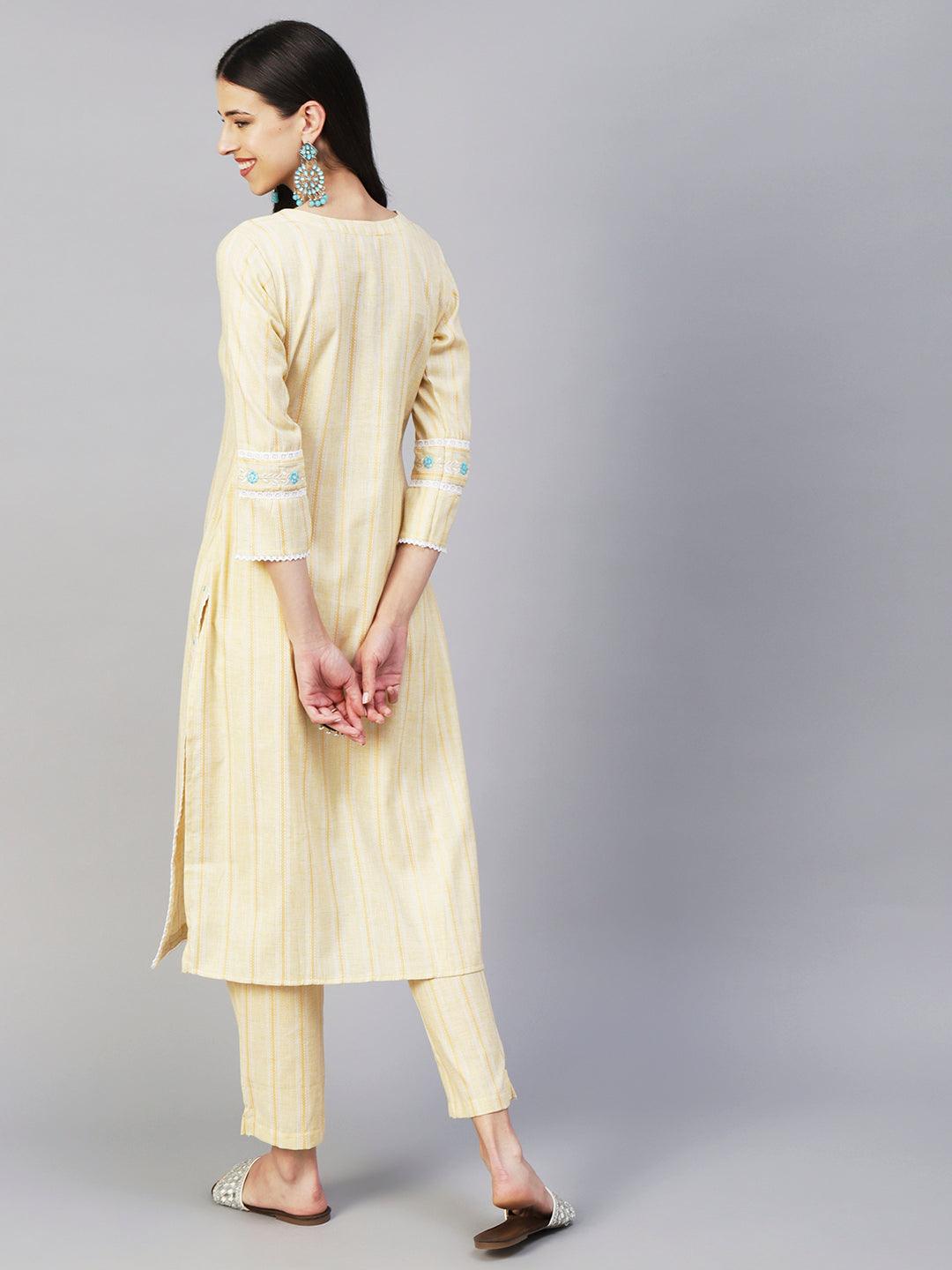 Solid Stripes Woven & Floral Embroidered Straight Fit Co-ord Set - Yellow - Indiakreations