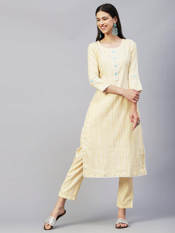 Solid Stripes Woven & Floral Embroidered Straight Fit Co-ord Set - Yellow - Indiakreations