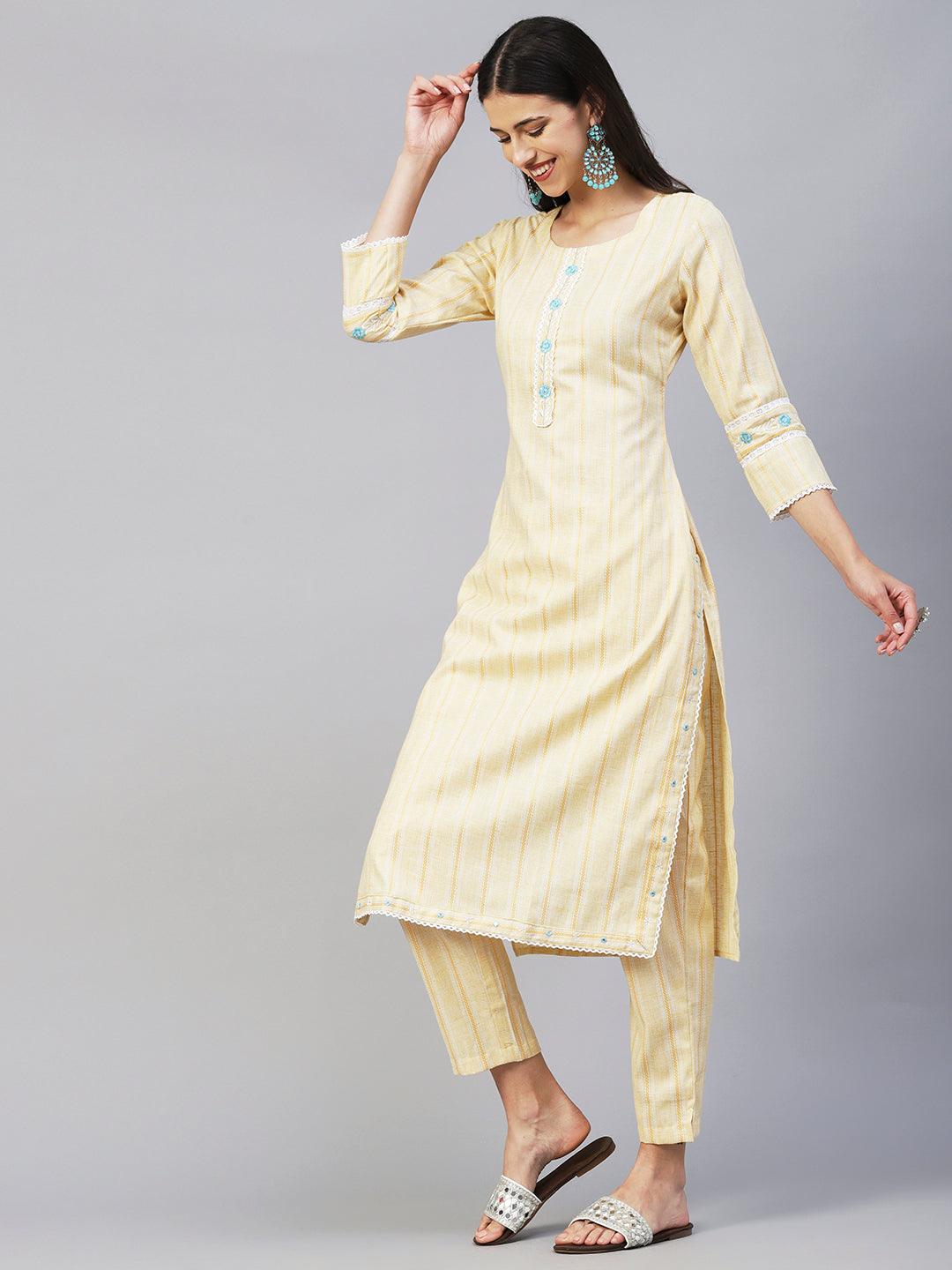 Solid Stripes Woven & Floral Embroidered Straight Fit Co-ord Set - Yellow - Indiakreations