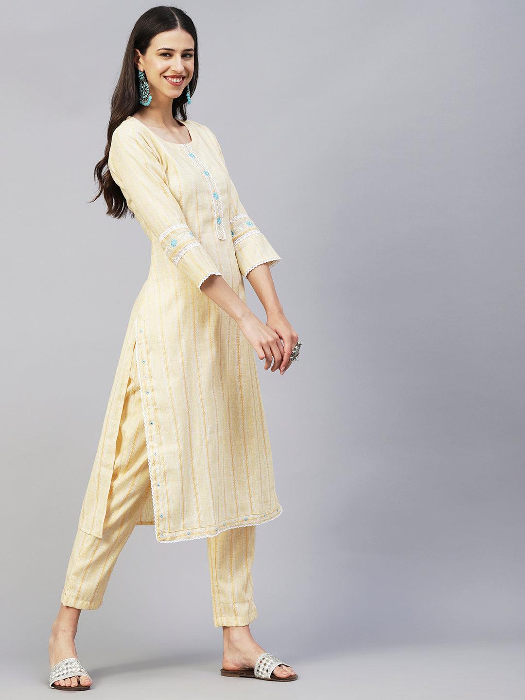 Solid Stripes Woven & Floral Embroidered Straight Fit Co-ord Set - Yellow - Indiakreations