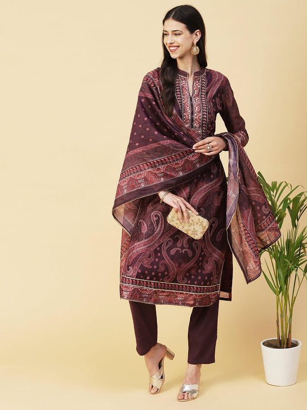 Ethnic Paisley Printed & Hand Embroidered Kurta with Pant & Dupatta - Purple - Indiakreations