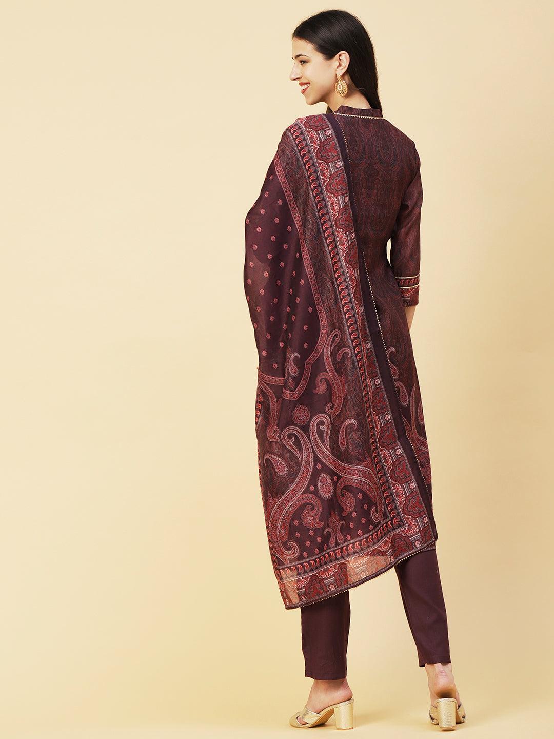 Ethnic Paisley Printed & Hand Embroidered Kurta with Pant & Dupatta - Purple - Indiakreations