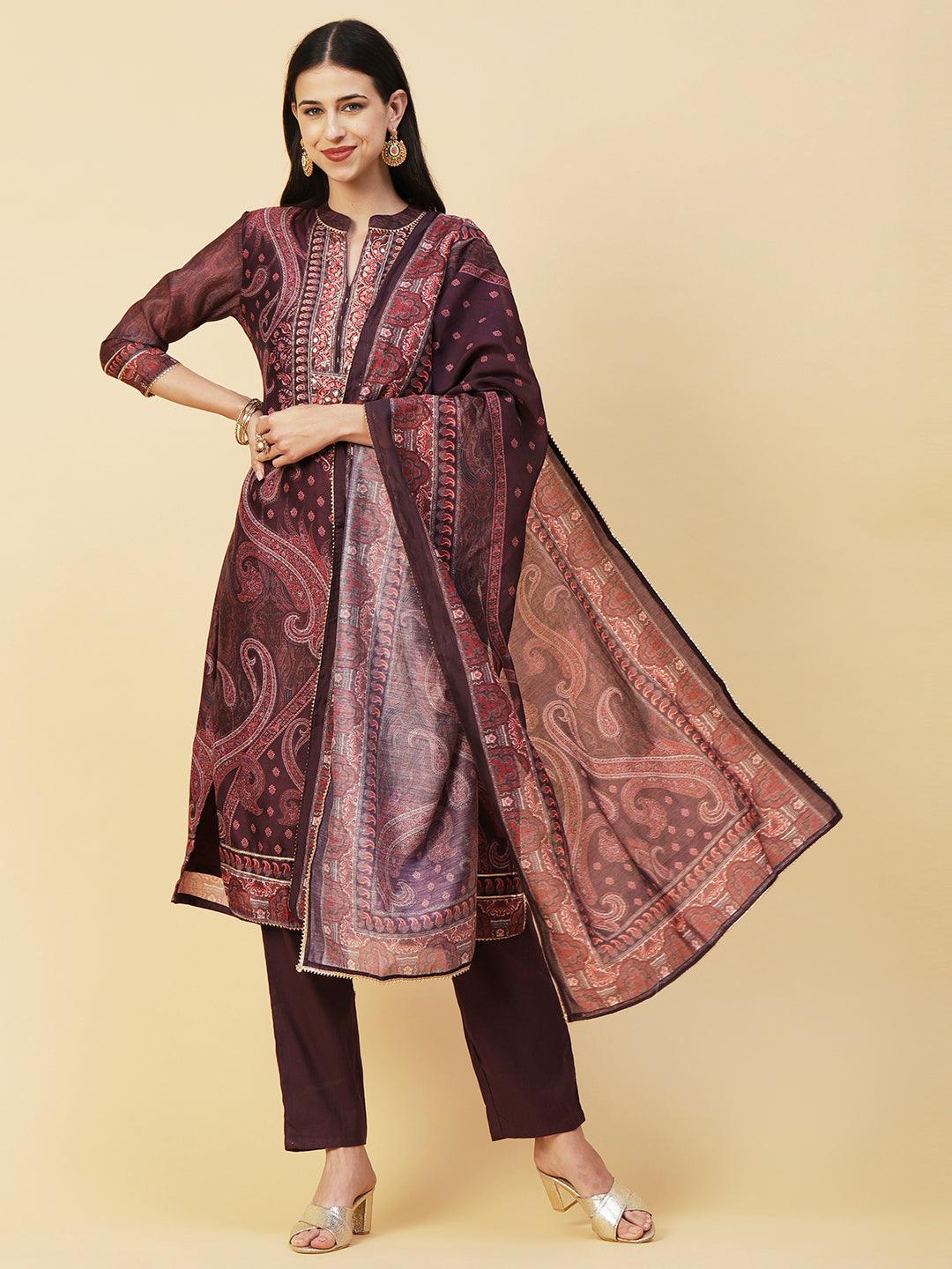 Ethnic Paisley Printed & Hand Embroidered Kurta with Pant & Dupatta - Purple - Indiakreations