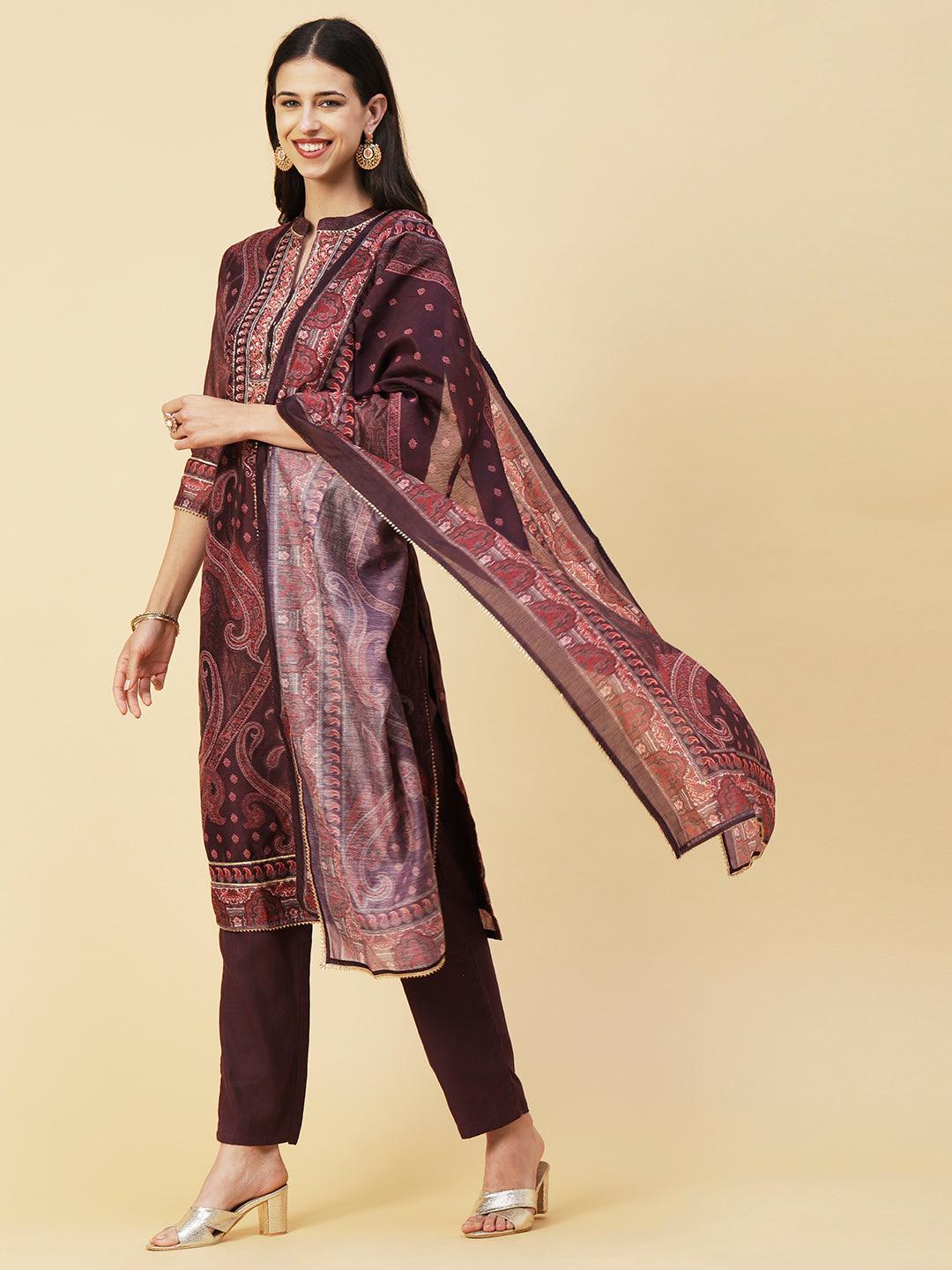 Ethnic Paisley Printed & Hand Embroidered Kurta with Pant & Dupatta - Purple - Indiakreations