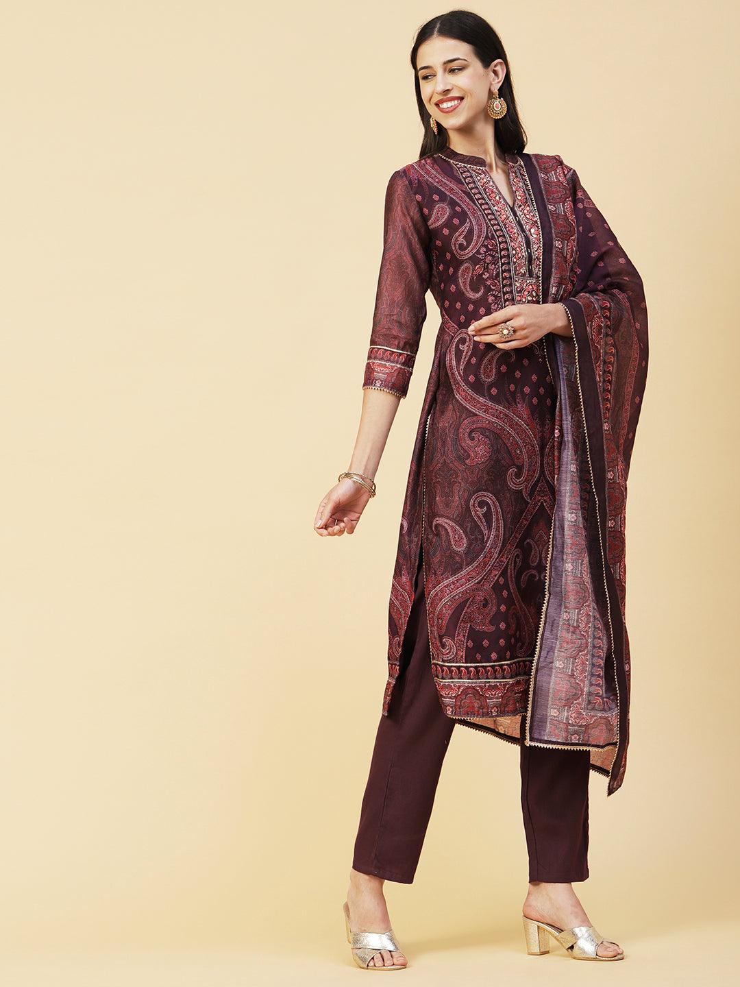 Ethnic Paisley Printed & Hand Embroidered Kurta with Pant & Dupatta - Purple - Indiakreations