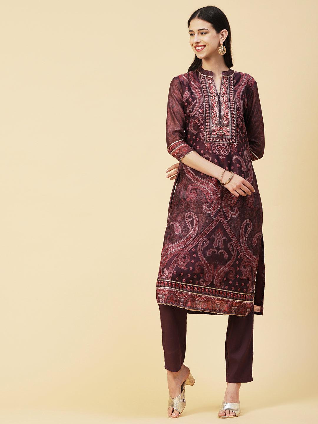 Ethnic Paisley Printed & Hand Embroidered Kurta with Pant & Dupatta - Purple - Indiakreations