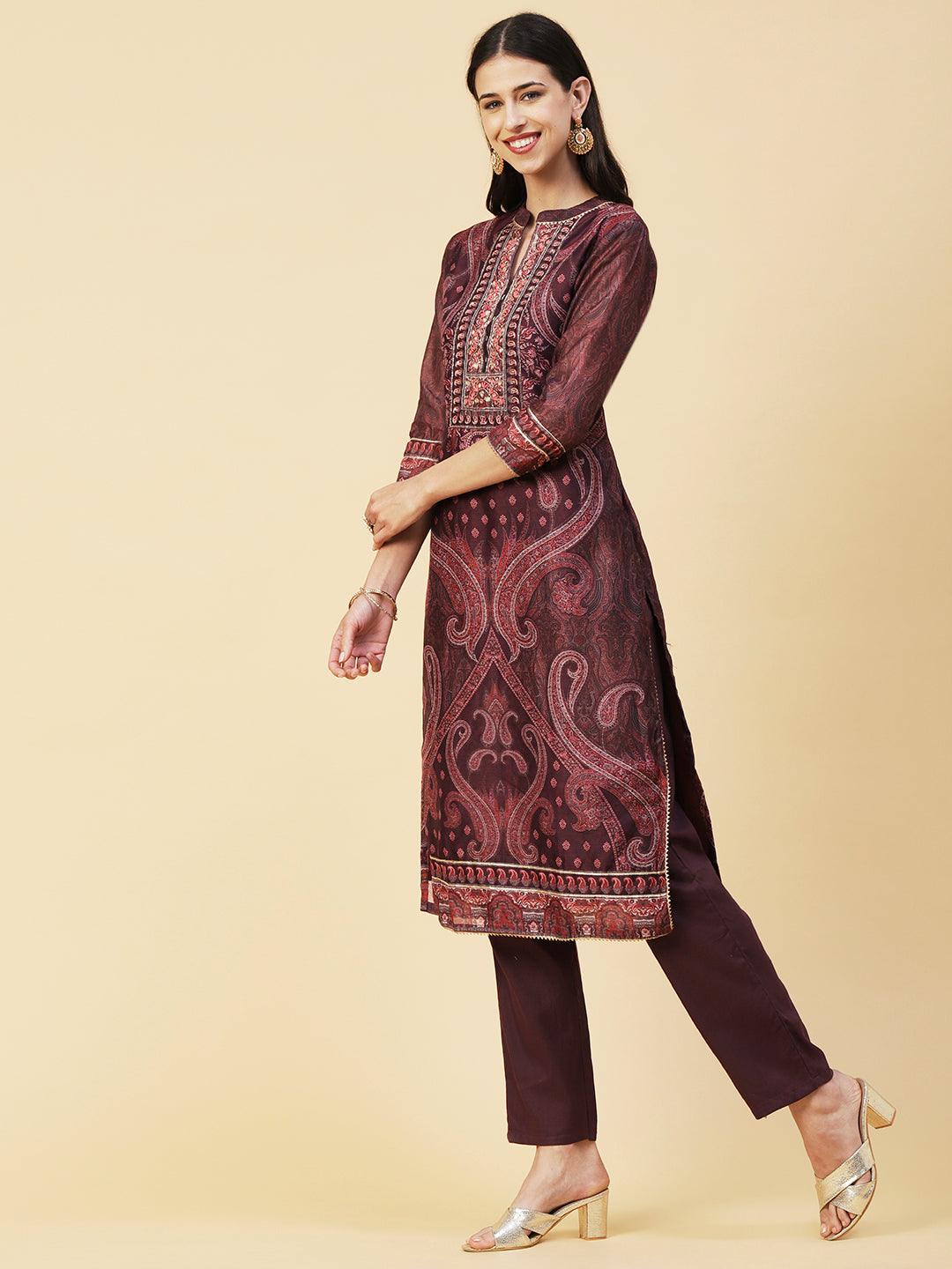 Ethnic Paisley Printed & Hand Embroidered Kurta with Pant & Dupatta - Purple - Indiakreations