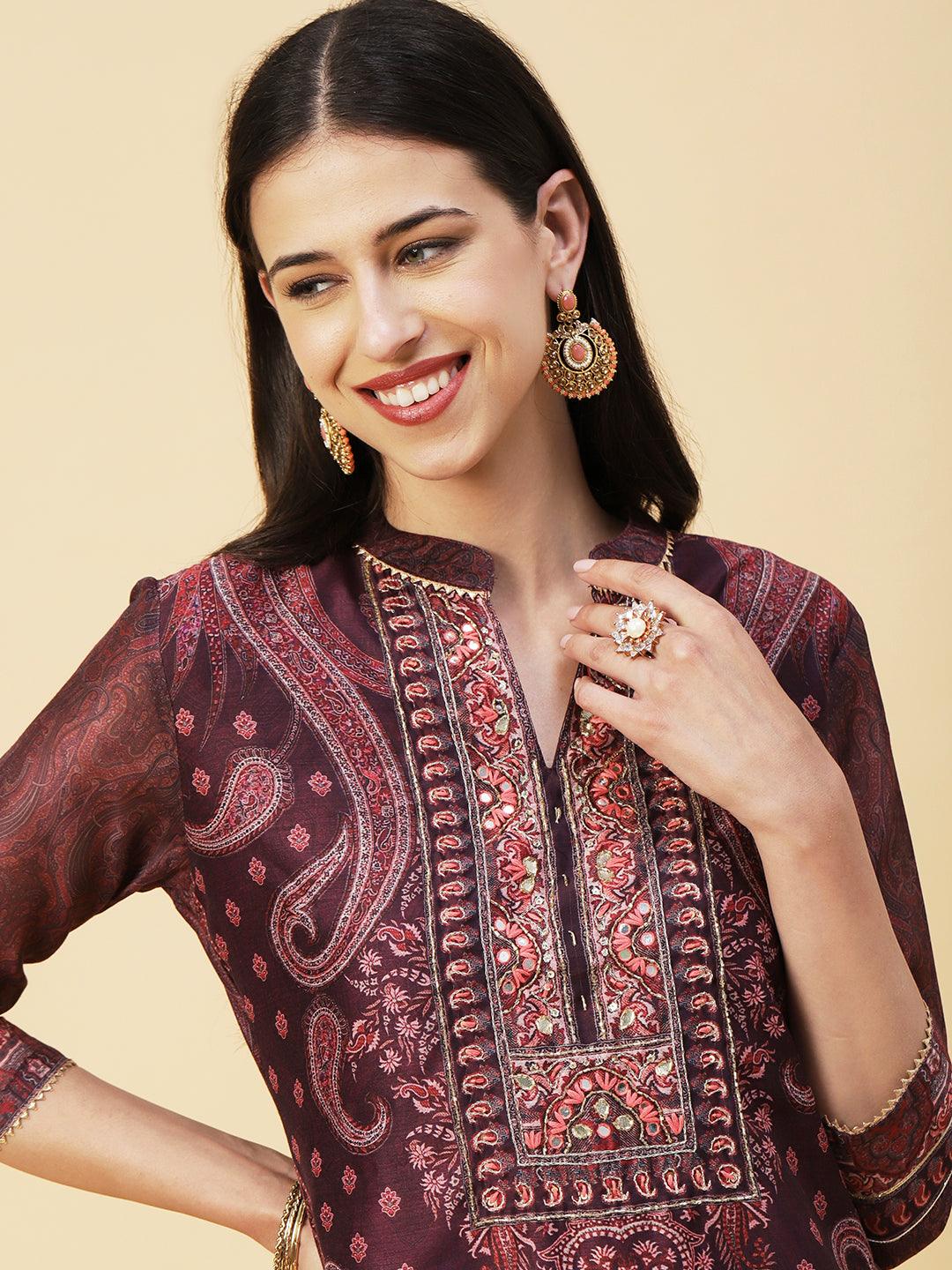 Ethnic Paisley Printed & Hand Embroidered Kurta with Pant & Dupatta - Purple - Indiakreations