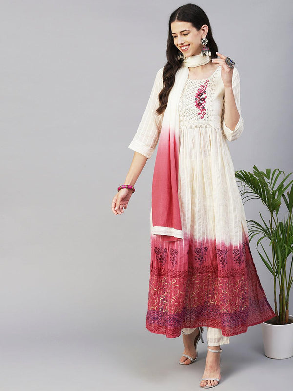 Woven Striped & Khari Printed Mirror & Resham Embroidered High Slit Kurta with Pants & Dupatta - Off-White - Indiakreations