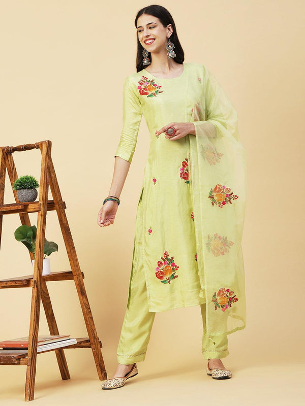 Floral Hand Painted Kantha Embroidered Kurta With Pants & Hand Painted Dupatta - Lime Green - Indiakreations