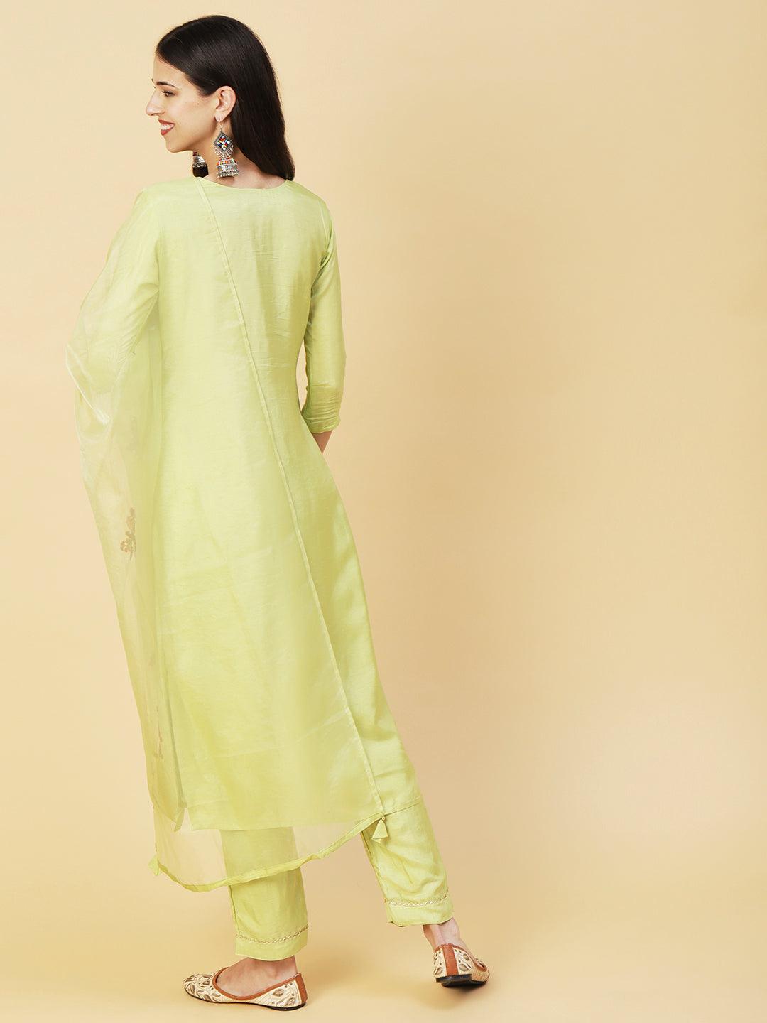 Floral Hand Painted Kantha Embroidered Kurta With Pants & Hand Painted Dupatta - Lime Green - Indiakreations