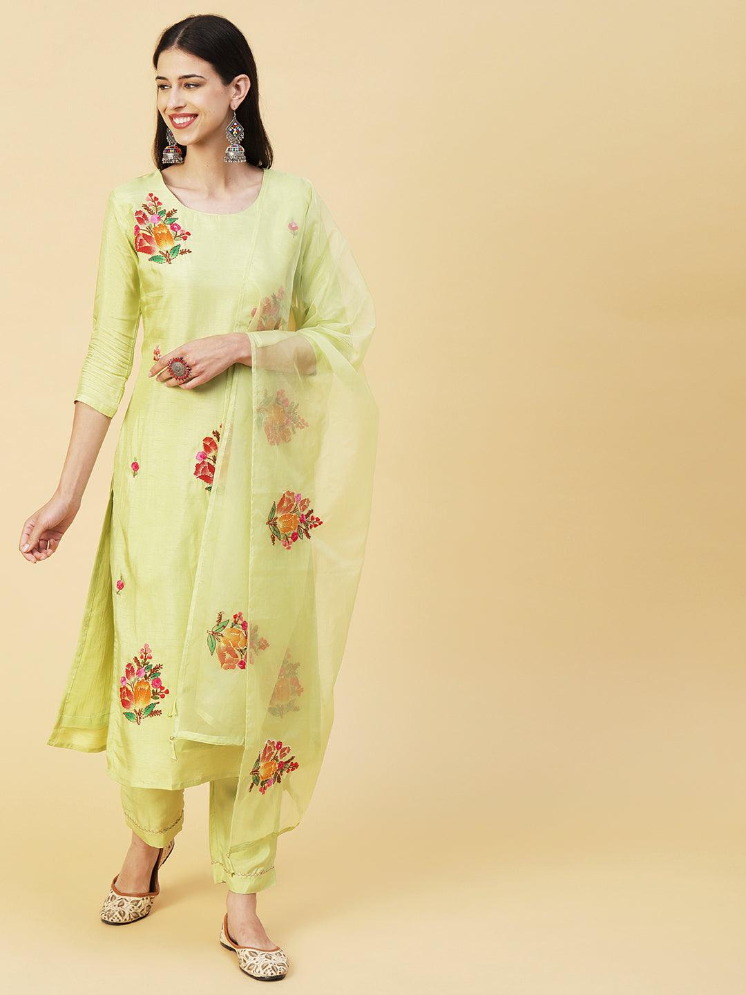 Floral Hand Painted Kantha Embroidered Kurta With Pants & Hand Painted Dupatta - Lime Green - Indiakreations