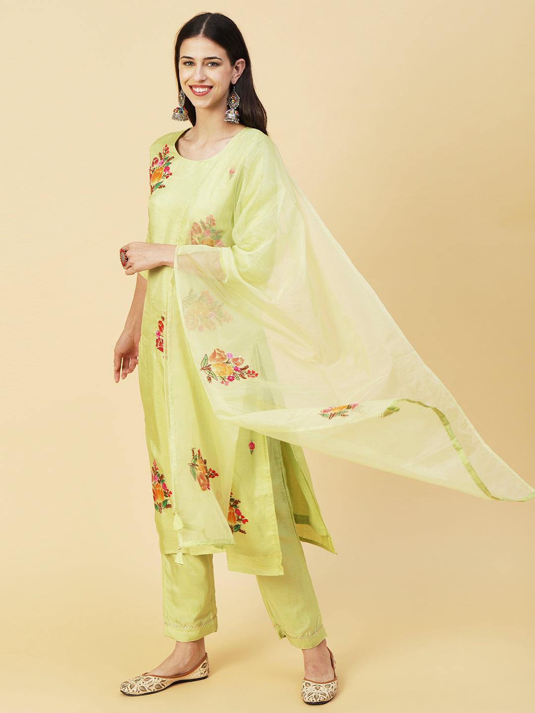 Floral Hand Painted Kantha Embroidered Kurta With Pants & Hand Painted Dupatta - Lime Green - Indiakreations